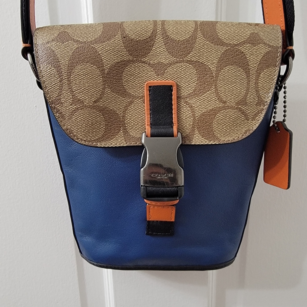 Coach Signature Blue and Tan Track Small Flap Crossbody In Colorblock Bag